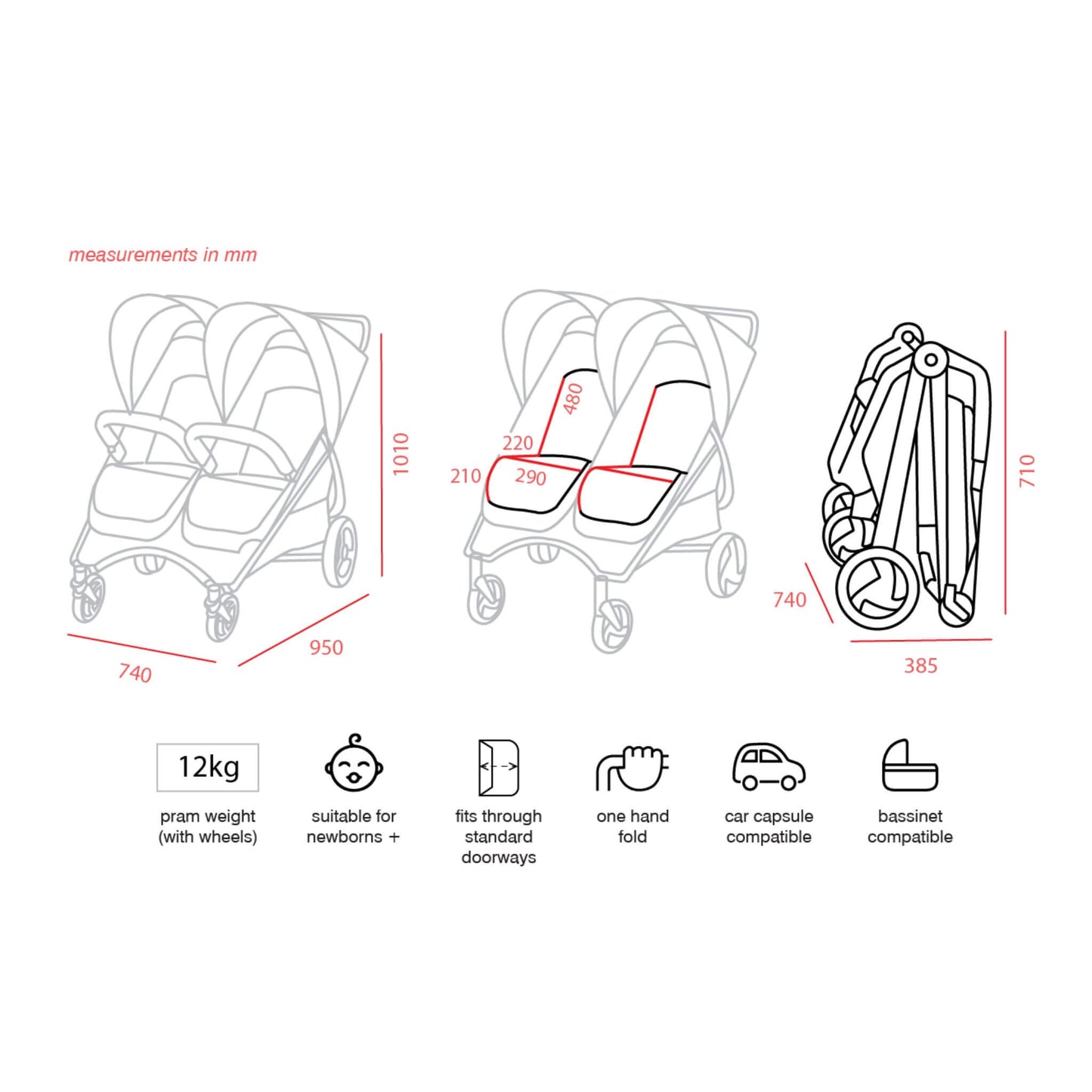 ValcoBabyTrendDuo_DimensionsandKeyFeaturesDiagram