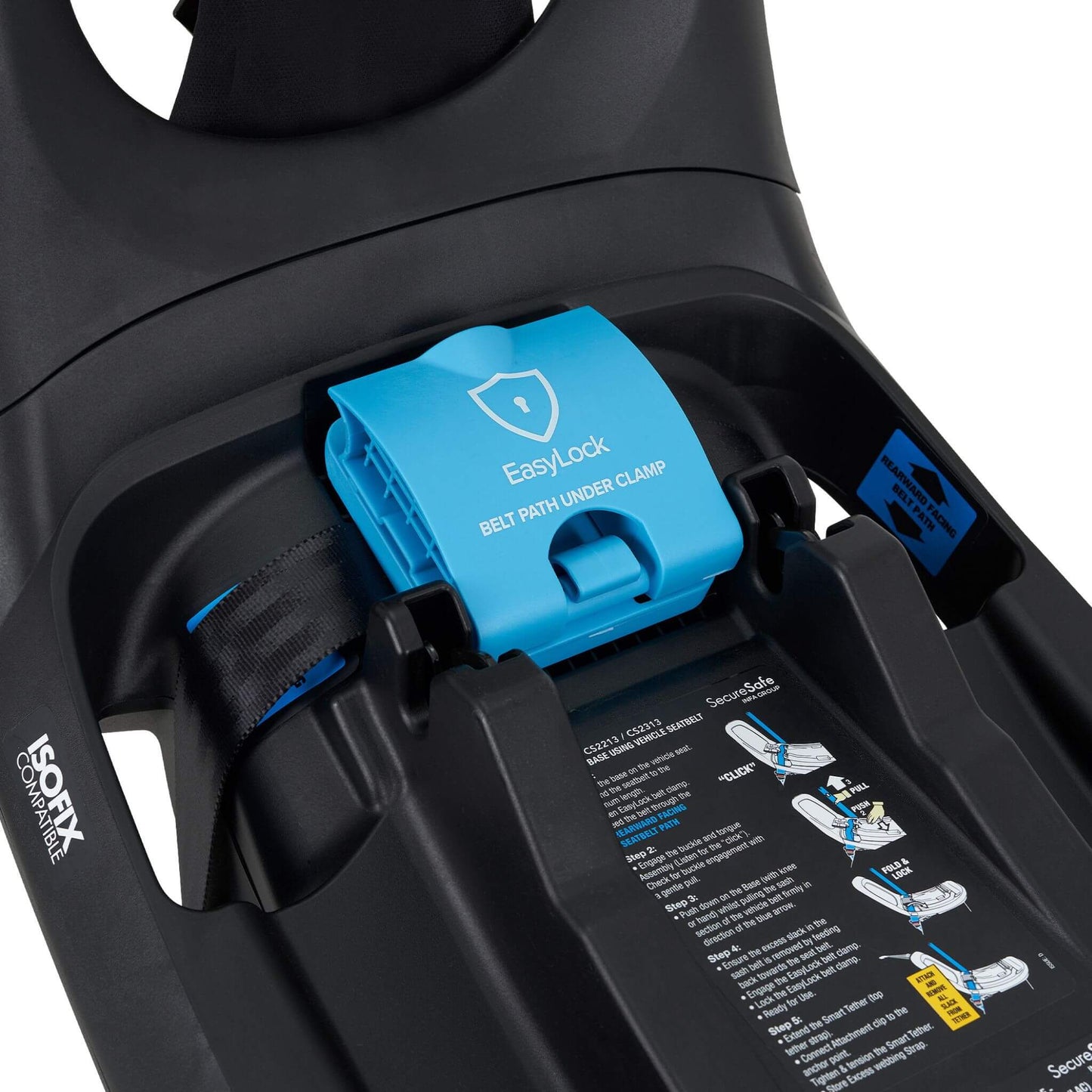 Close-up of EasyLock ISOFix base belt path clamp